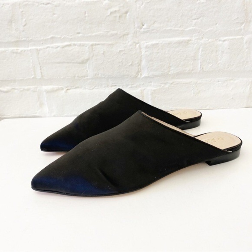 RAYE || Jagger Slide Mules Flats Satin Pointy Toe Minimalist Capsule Black 10